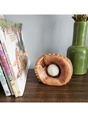 Vintage Ceramic Planter Baseball Mitt Holding Baseball Kitsch MCM Decor